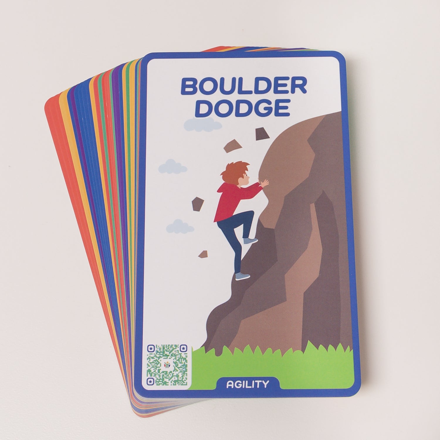The physical PlayBoost card deck with Boulder Dodge on top